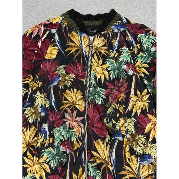 Zara Basic Tropical Bird Palm Print Bomber Jacket Black Multi Small 7484/229 - Picture 9 of 12